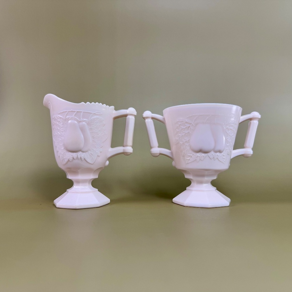 Jeannette Shell Pink Milk Glass Sugar & Creamer | BALT Pear Pattern - Picture 5 of 16